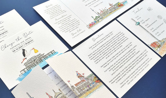 Brighton themed wedding stationery design, showing all the information included for the guests invited