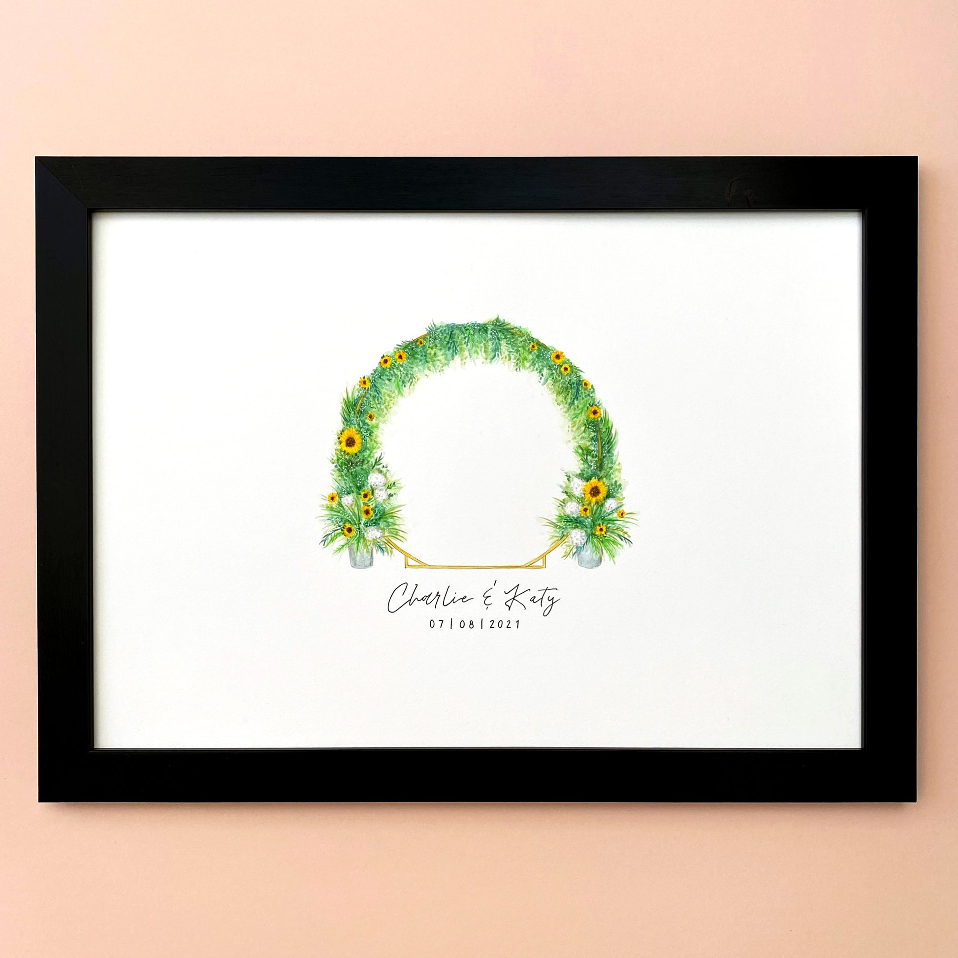 Flower arch wedding gift illustration, created using fine liner, watercolour paints and pencil with the couples name and wedding date below.