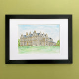 Framed Clevedon House illustration created using fine liner, watercolour and pencil