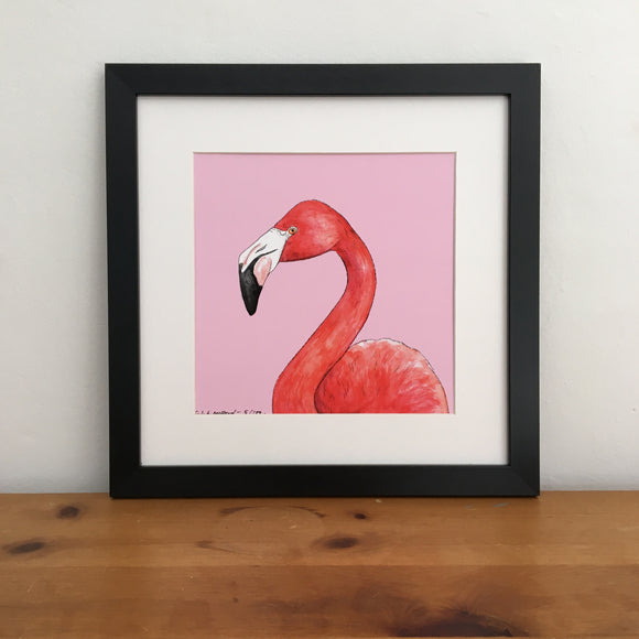 Flamingo art prints in a black square frame