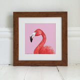 Flamingo illustration art print in light wood square frame
