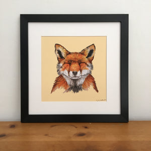 Blinking fox art print, framed in black