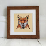 Blinking fox art print in light wood frame