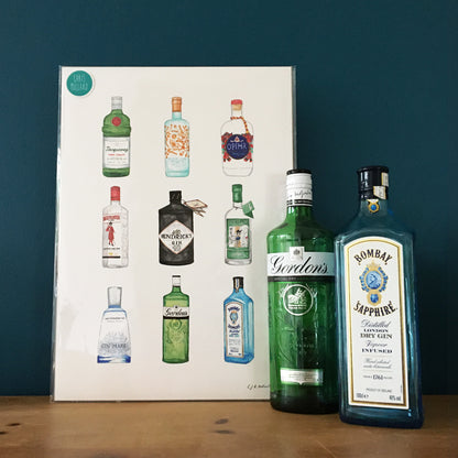9 gin bottle illustrations - A3 print