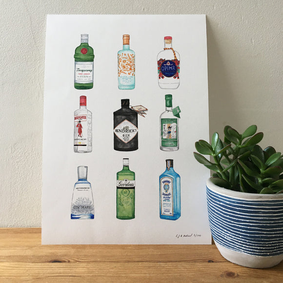 Gin bottle illustration art print - 9 different gin bottles illustrated in fine liner and watercolour