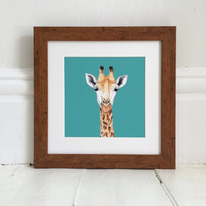 Giraffe illustration giclee print in light wood frame