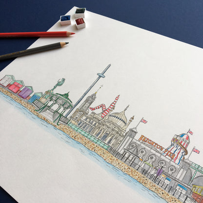 Brighton landmarks illustration - colourful hand drawn illustration
