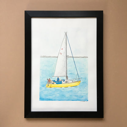 Watercolour and fine liner gift illustration of a sail boat out at sea.