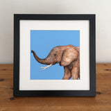 Elephant illustration on blue background, framed