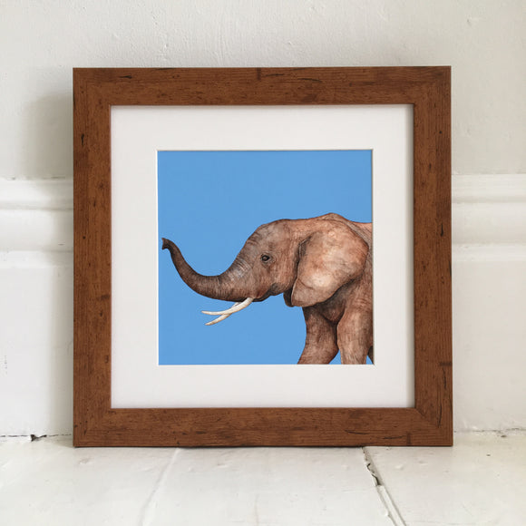 Elephant illustration art print, in light wooden frame