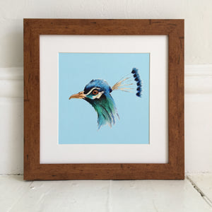 Peacock illustration print - light wood frame
