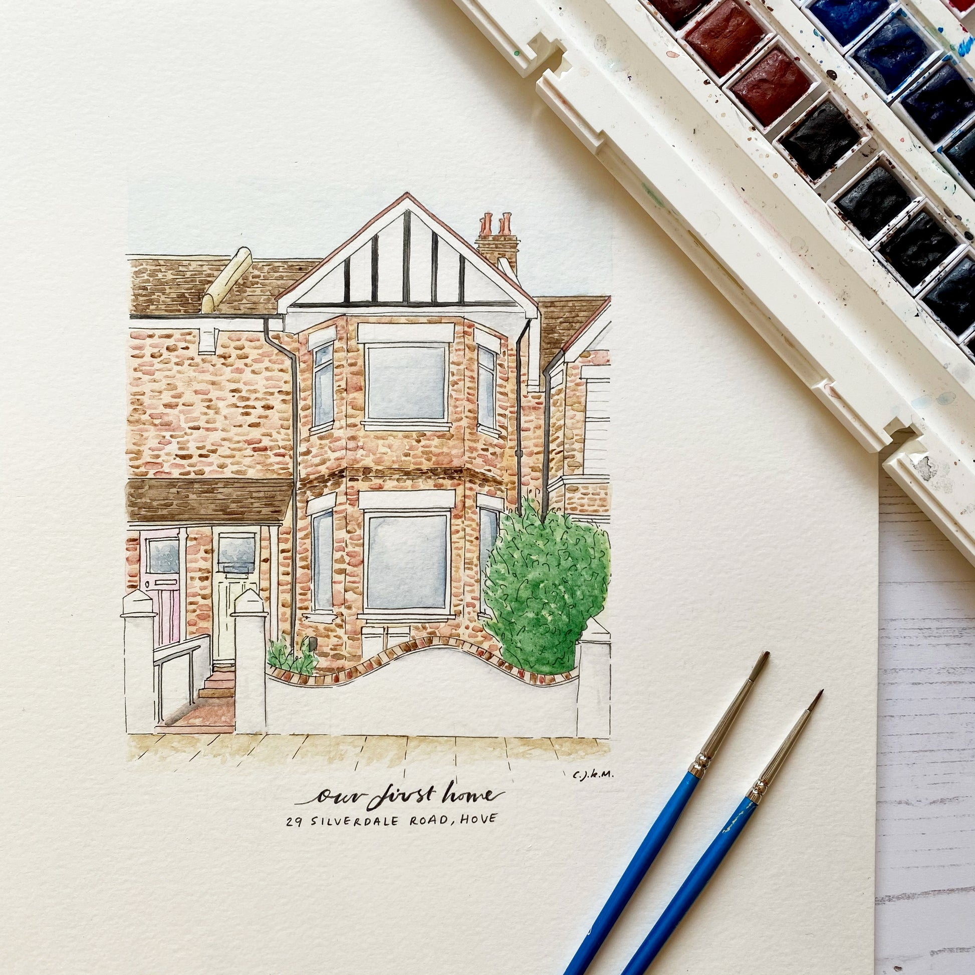 Our first home gift illustration, created using fine liner and watercolour paints of a house in Hove.