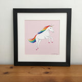 Unicorn with rainbow mane and tail illustration on pink background