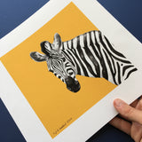 Signed Zebra illustration print on mustard background 